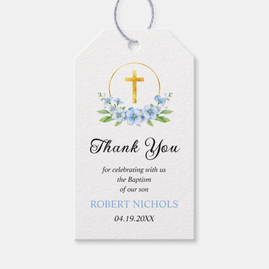 青い花模様と金ゴールドクロスボーイバプテスマありがとう ギフトタグ (正面)