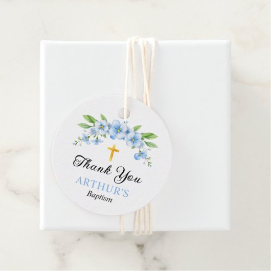 青い花模様と金ゴールドクロスボーイバプテスマありがとう フェイバータグ (インサイチュ)