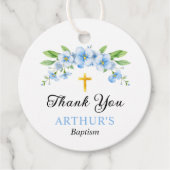 青い花模様と金ゴールドクロスボーイバプテスマありがとう フェイバータグ (正面)