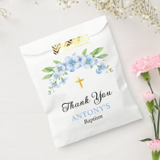 青い花模様と金ゴールドクロスボーイバプテスマありがとう フェイバーバッグ (封をした状態)