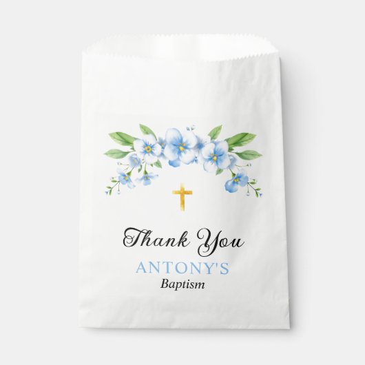 青い花模様と金ゴールドクロスボーイバプテスマありがとう フェイバーバッグ (正面)