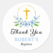 青い花模様と金ゴールドクロスボーイバプテスマありがとう ラウンドシール (正面)