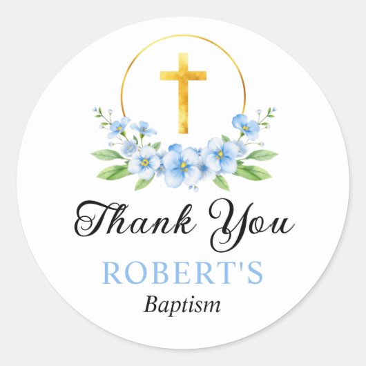 青い花模様と金ゴールドクロスボーイバプテスマありがとう ラウンドシール (正面)