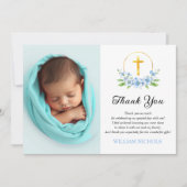 青い花模様と金ゴールドクロスボーイバプテスマ写真 サンキューカード (正面)
