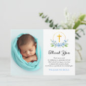 青い花模様と金ゴールドクロスボーイバプテスマ写真 サンキューカード (スタンド正面)