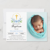 青い花模様と金ゴールドクロスボーイバプテスマ写真 招待状 (正面)