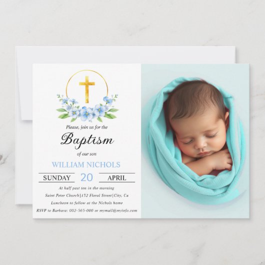 青い花模様と金ゴールドクロスボーイバプテスマ写真 招待状 (正面)