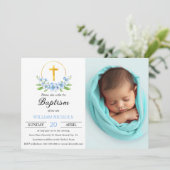 青い花模様と金ゴールドクロスボーイバプテスマ写真 招待状 (スタンド正面)