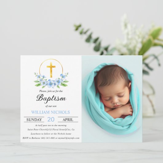 青い花模様と金ゴールドクロスボーイバプテスマ写真 招待状 (スタンド正面)