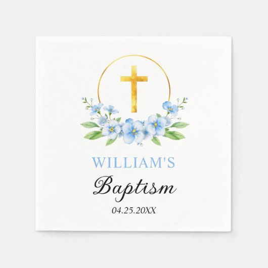 青い花模様と金ゴールドクロスボーイフローラ洗礼 スタンダードカクテルナプキン (正面)