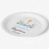 青い花模様と金ゴールドクロスボーイフローラ洗礼 ペーパープレート (アングル)