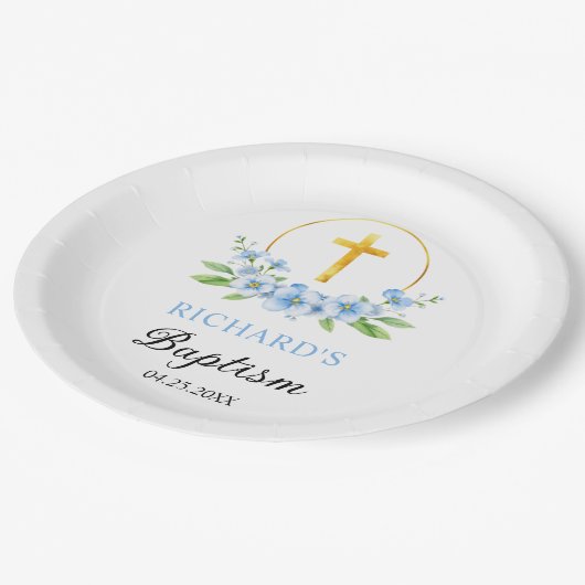 青い花模様と金ゴールドクロスボーイフローラ洗礼 ペーパープレート (アングル)