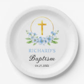 青い花模様と金ゴールドクロスボーイフローラ洗礼 ペーパープレート (正面)