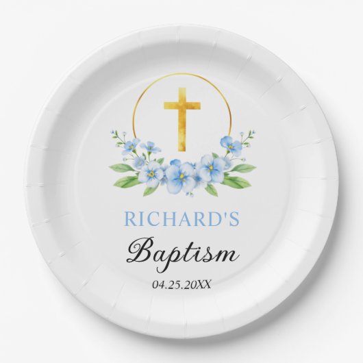 青い花模様と金ゴールドクロスボーイフローラ洗礼 ペーパープレート (正面)