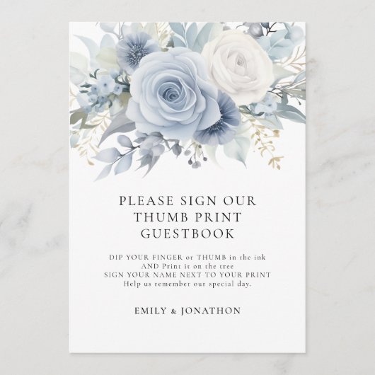 青い花模様の拇印ゲストブックの看板 招待状 (正面)