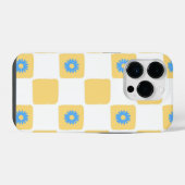 青い花模様の黄色い白い市松模様 iPhoneケース (裏面横)