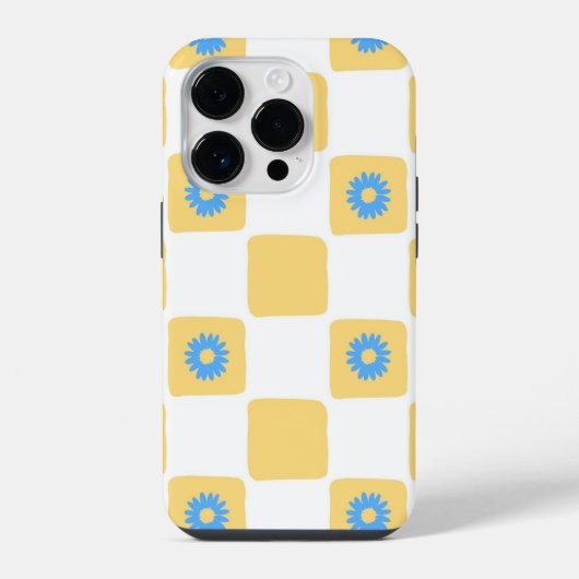 青い花模様の黄色い白い市松模様 iPhoneケース (裏面)