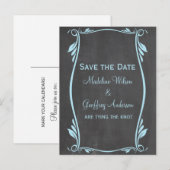 青い花模様の黒板日付はがきを保存 案内ポストカード (正面/裏面)