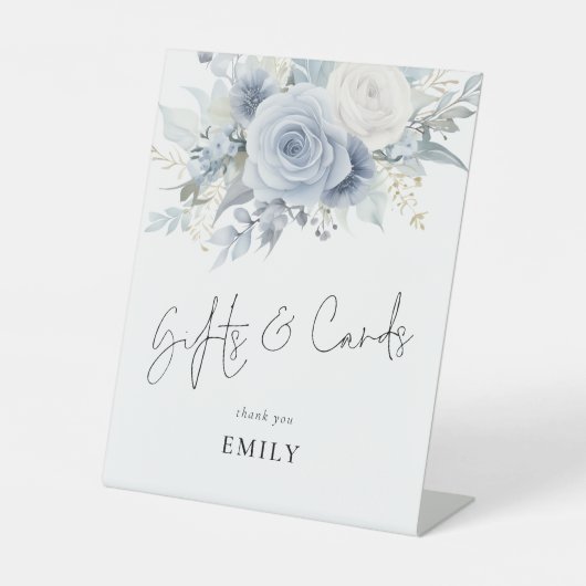 青い花模様ギフトカードブライダルシャワー記号 台座サイン (正面)