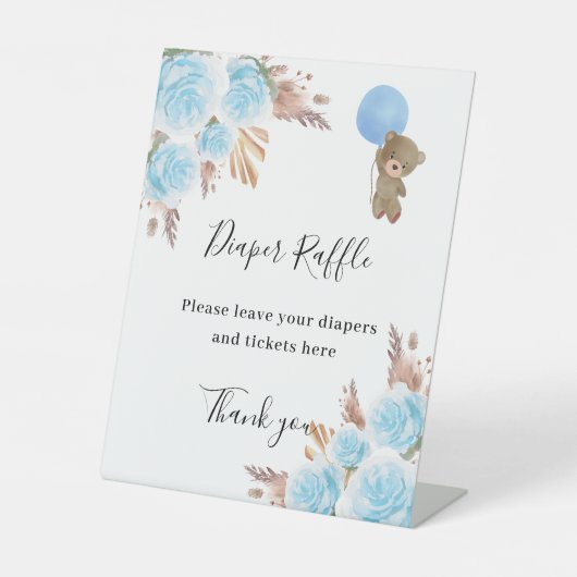 青い花模様パンパスベビーシャワーおむつラッフルサイン 台座サイン (正面)