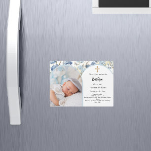 青い花模様写真のアーチ少年がバプテスマを渡る マグネット招待状