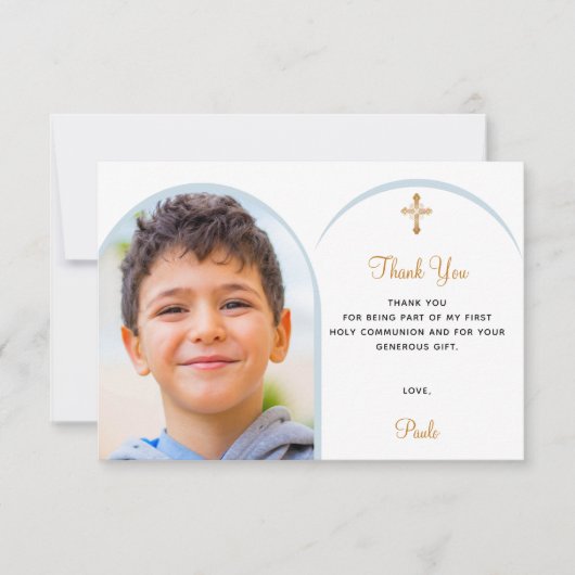 青い花模様写真の少年の金ゴールドクロス最初の聖餐式 サンキューカード (正面)