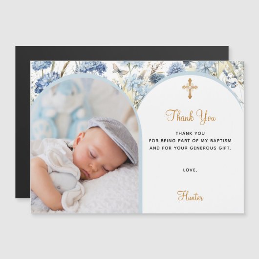 青い花模様写真バプテスマのマグネットサンキューカード マグネット招待状 (正面/裏面)