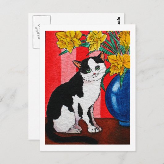 青い花瓶に水仙が入ったタキシード猫 ポストカード (正面/裏面)