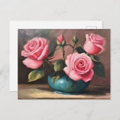 青い花瓶のピンクのバラの静物イラスト ポストカード (正面/裏面)