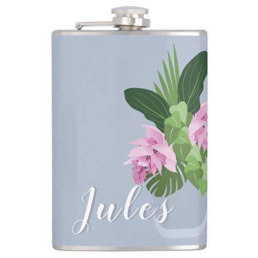 青い花瓶の名前の熱帯メディニラピンクの花 フラスク (正面)