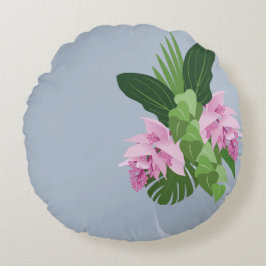 青い花瓶の名前の熱帯メディニラピンクの花 ラウンドクッション