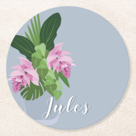 青い花瓶の名前の熱帯メディニラピンクの花 ラウンドペーパーコースター