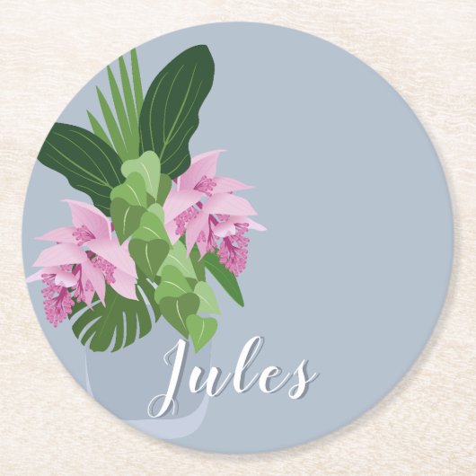 青い花瓶の名前の熱帯メディニラピンクの花 ラウンドペーパーコースター (正面)