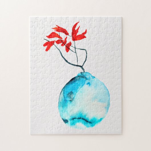 青い花瓶の水彩生け花 ジグソーパズル (縦)