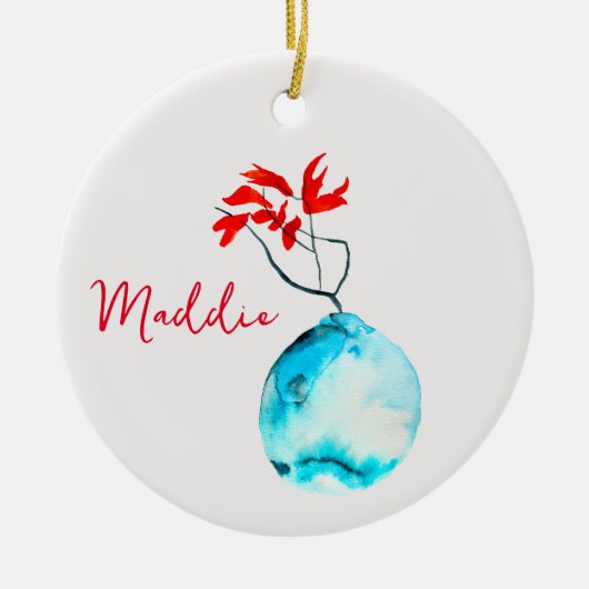 青い花瓶の水彩生け花 セラミックオーナメント (正面)