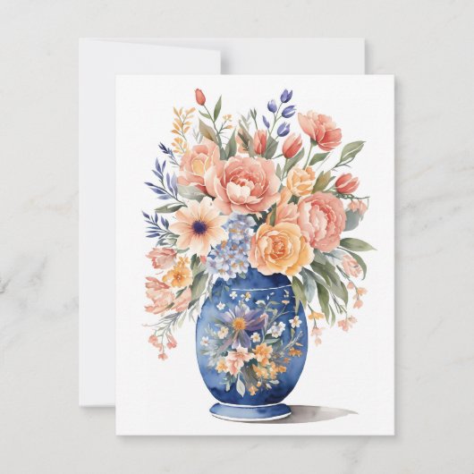 青い花瓶の花花束水彩絵画の 招待状 (正面)