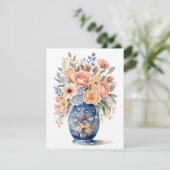 青い花瓶の花花束水彩絵画の 招待状 (スタンド正面)