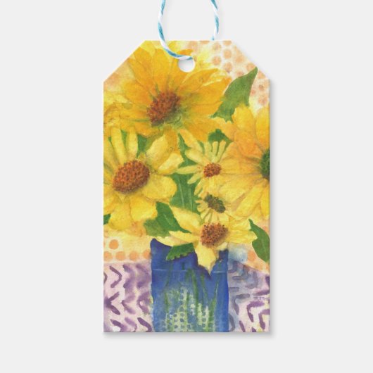 青い花瓶の黄色いデイジー ギフトタグ (正面)