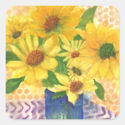 青い花瓶の黄色いデイジー スクエアシール (正面)