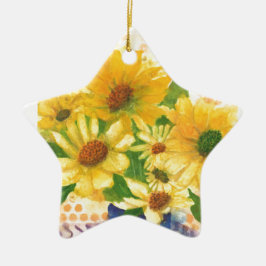 青い花瓶の黄色いデイジー セラミックオーナメント