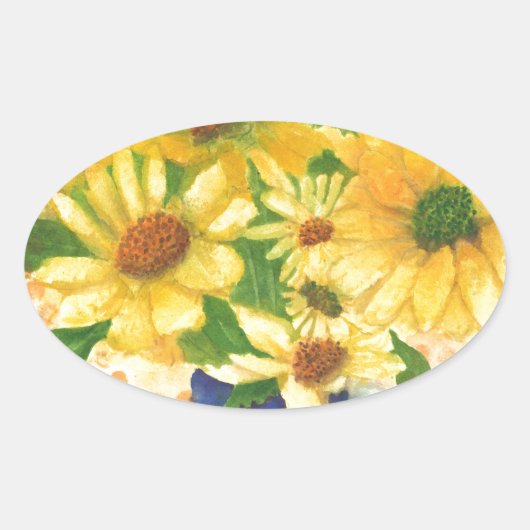 青い花瓶の黄色いデイジー 楕円形シール (正面)