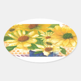 青い花瓶の黄色いデイジー 楕円形シール
