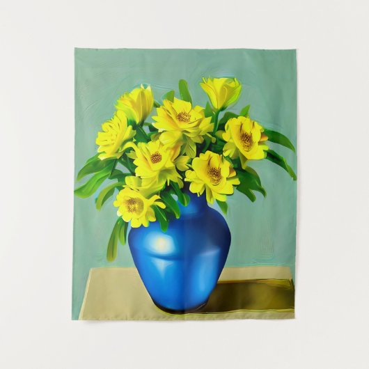 青い花瓶の黄色いバラのボホアート タペストリー (正面)