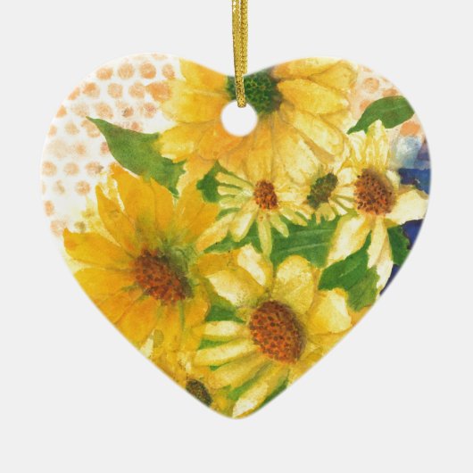 青い花瓶の黄色のデイジー セラミックオーナメント (正面)