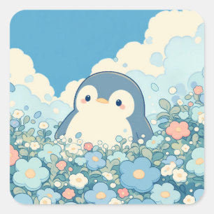 青い花畑のかわいいペンギン スクエアシール