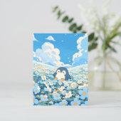 青い花畑のかわいいペンギン ポストカード (スタンド正面)
