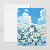 青い花畑のかわいいペンギン ポストカード (正面/裏面)