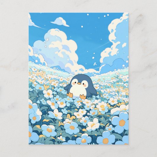 青い花畑のかわいいペンギン ポストカード (正面)
