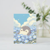 青い花畑のかわいいペンギン ポストカード (スタンド正面)