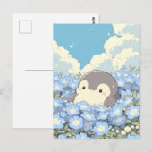 青い花畑のかわいいペンギン ポストカード (正面/裏面)